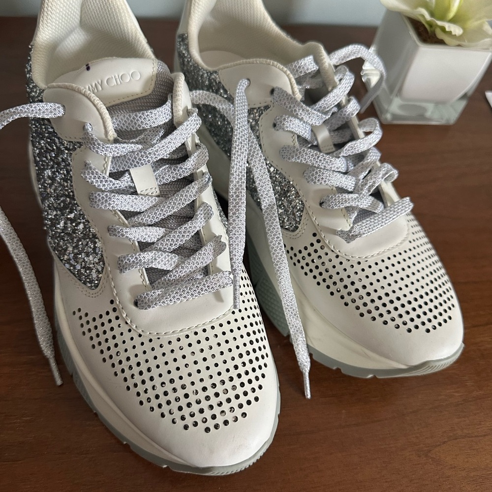 Jimmy Choo Glittery White and Silver Sneakers
